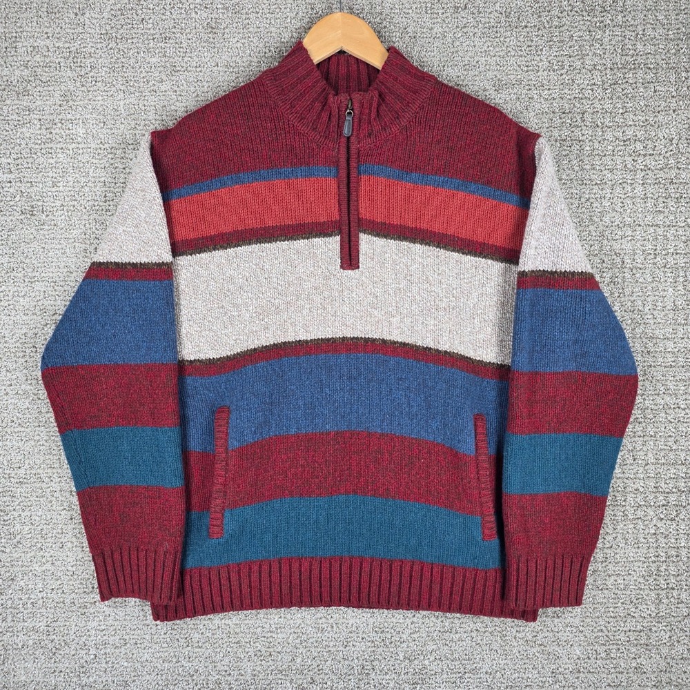 LL Bean Mens Lambs Wool Quarter 1/4 Zip Striped Sweater Red Blue Medium